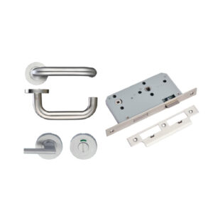 Round Bar Lever Handles and Bathroom Lock Pack - DDA Thumbturn - Satin Stainless Steel