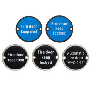Circular Fire Door Signs – Drilled & Countersunk – Black