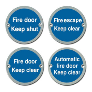 Circular Fire Door Signs – Drilled & Countersunk – Satin Stainless Steel
