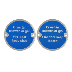 Circular Fire Door Signs - Bilingual English & Welsh – Satin Stainless Steel