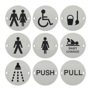 Pictogram Circular Signs – Drilled & Countersunk – Satin Stainless Steel