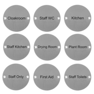 Circular Door Signs - Black Text – Drilled & Countersunk – Satin Stainless Steel
